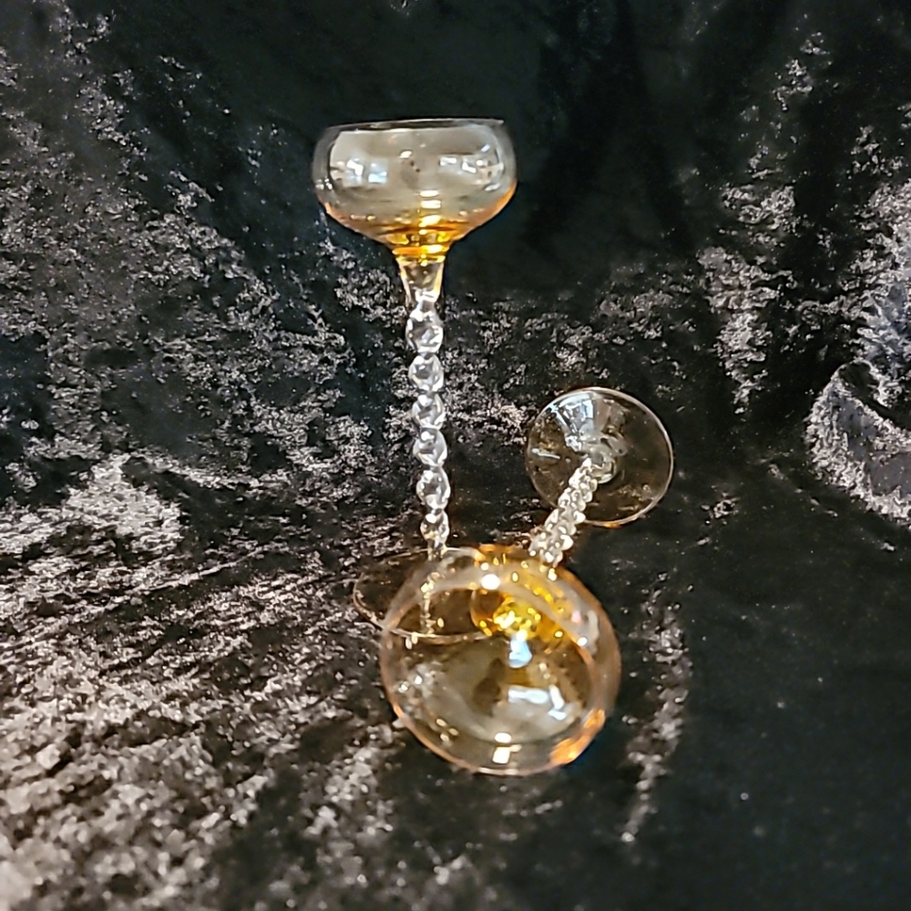 Vtg Amber Blown Glass Cordial Cocktail Glasses (2) Twisted Stem 5.5" tall